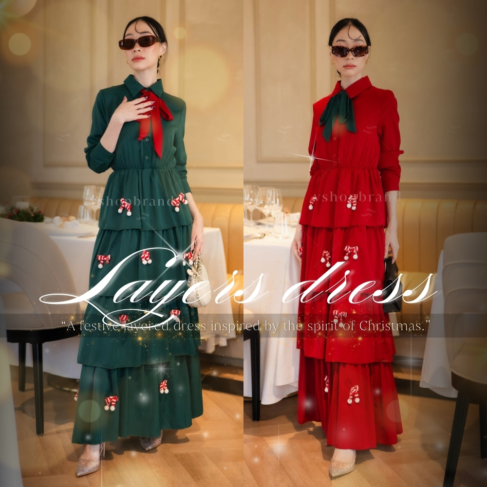 พร้อมส่ง ชุดคริสมาสต์ Maxi เดรสคริสมาสต์ เดรสแขนยาวทรงขนมชั้นติดตุ๊กตาคริสมาสต์ งานป้าย vshopbrand
