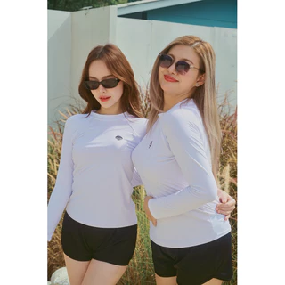 ชุดว่ายน้ำผู้หญิงแขนยาว คู่กับ กางเกงว่ายน้ำทรงสปอร์ตสองชั้น กันยูวี UV UPF50+ งานไทย แบรนไทย สีขาว สีม่วง