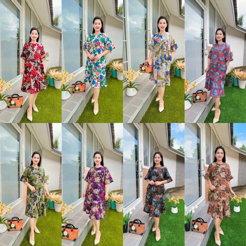 เดรสผ้าฝ้ายลินิน คอกลมแขนระบาย 3 ชั้น รหัส ด01