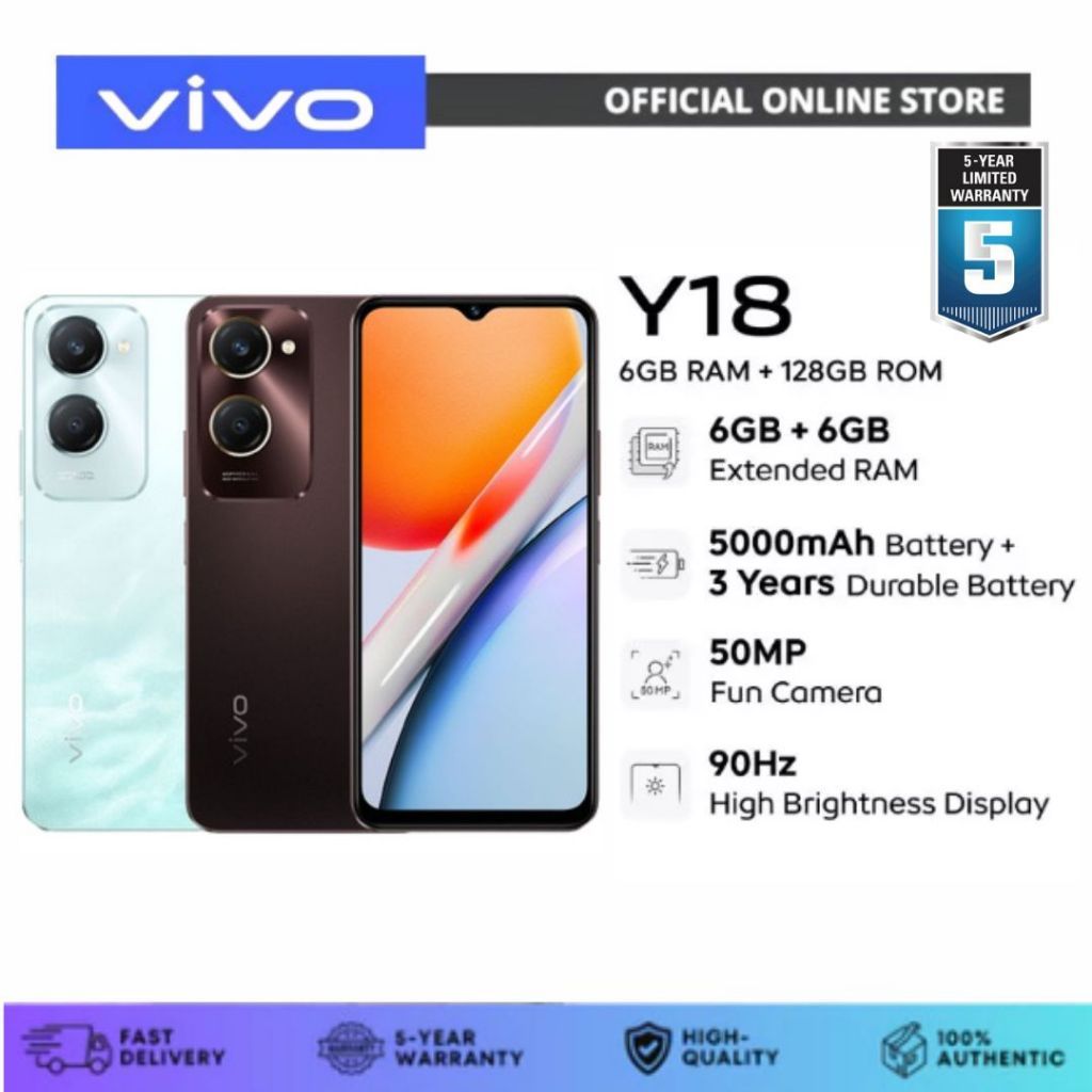 Vivo Y18 โทรศัพท์ (8GB RAM +128GB ROM) มือถือ แบต 5000mAh 5G SmartPhone จอ 6.56" รับประกันร้าน 1 ป
