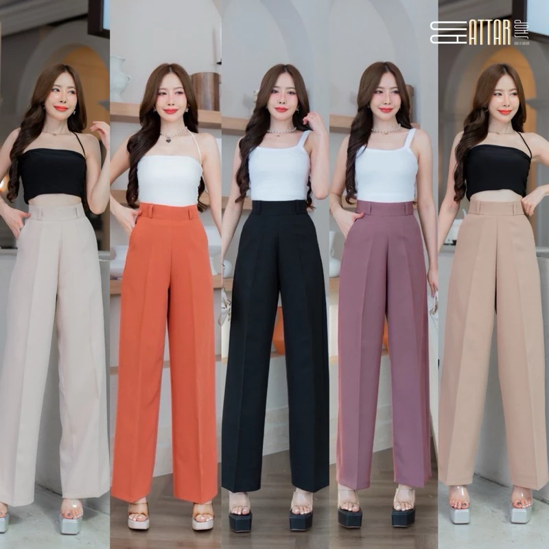กางเกงขากระบอกกลางเอวสูง ซิปหลัง ผ้าเปเป้ มีหู กระเป๋า2ข้าง (S-3XL) ยาว40"