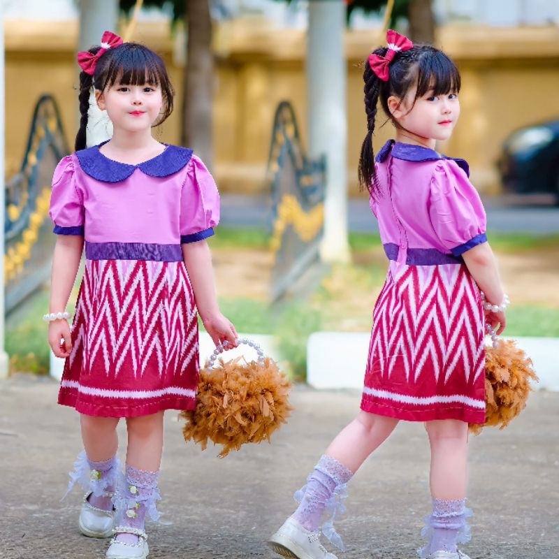 ชุดไทยประยุกต์เด็กผู้หญิง เดรสฝ้ายหวาน คอบัว แขนตุ๊กตา กระดุมหลัง  #n