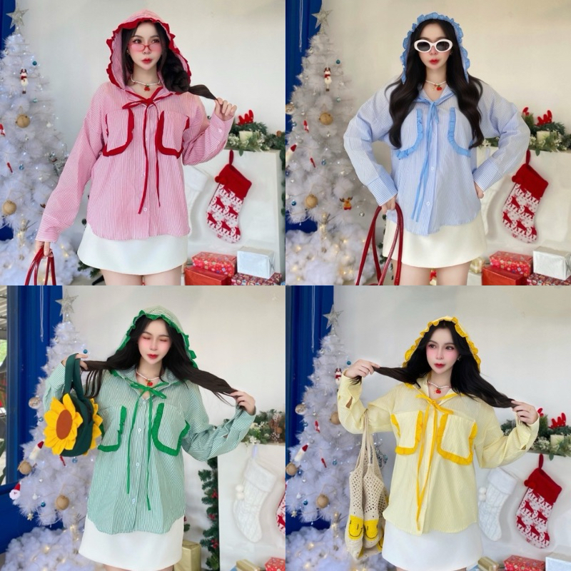 เสื้อแขนยาวมีฮู้ด แต่งระบายกระเป๋ากับหมวก ลายคริสมาสต์ ลายริ้ว เสื้อน่ารักมาก fantasy