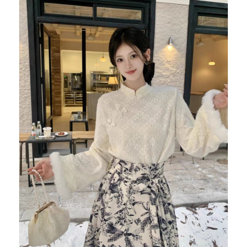 Cheongsam ชุดเซ็ทคอจีน 2 ชิ้น เสื้อ+กระโปรง นำเข้า มีสายมัดเอว
