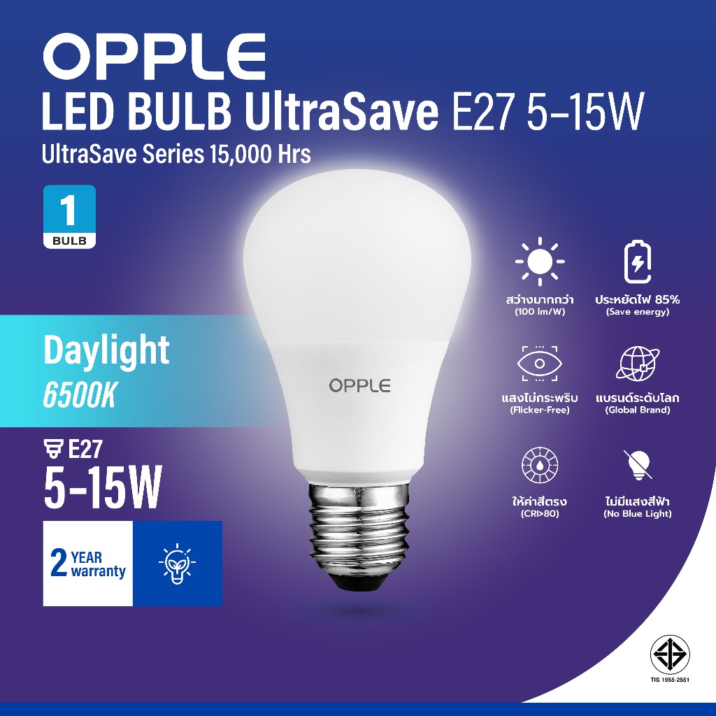 OPPLE | หลอดไฟ LED BULB E27 UltraSave แสงขาว Daylight 6500K 5W/7W/9W/12W/15W ประกัน2ปี ถนอมสายตา 15000ชม.