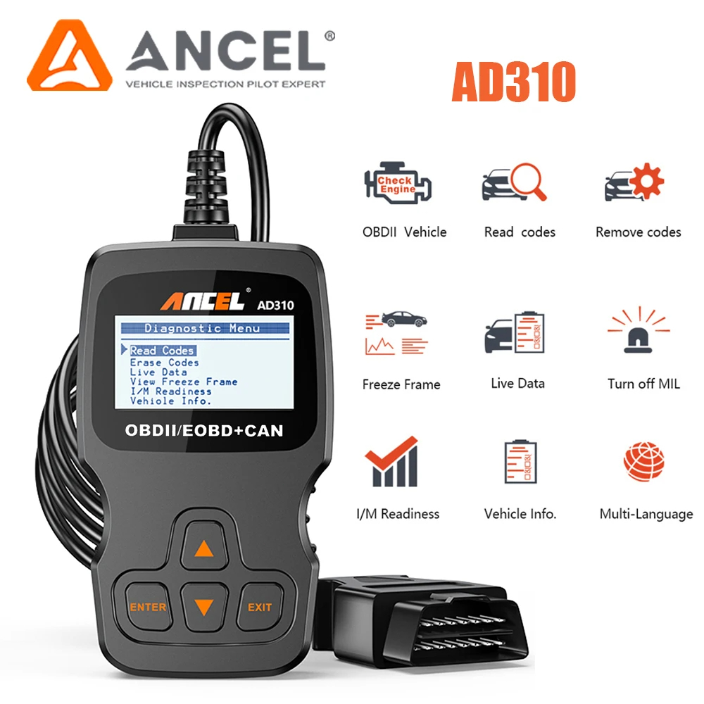 ANCEL AD310 เครื่องสแกนวินิจฉัยรถยนต์ OBD2 เครื่องอ่านรหัสเครื่องยนต์ ไฟแสดงข้อผิดพลาดที่ชัดเจน