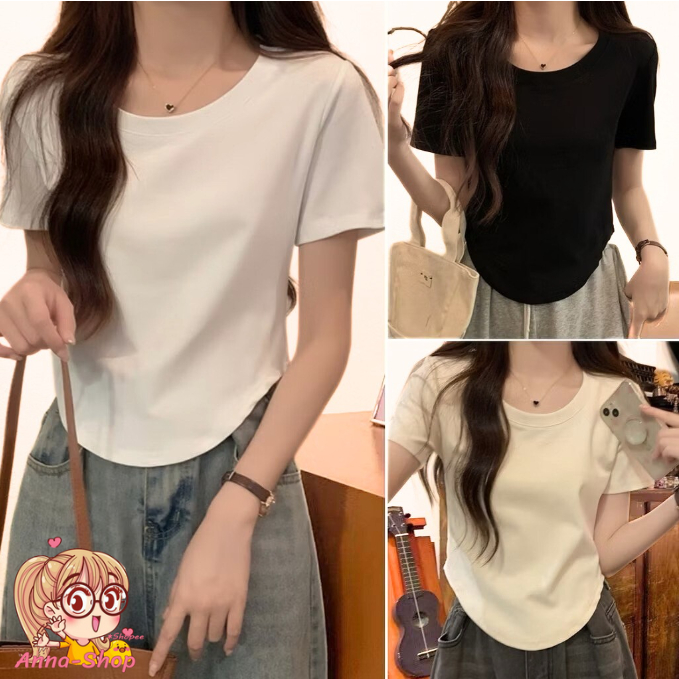 Anna shop เสื้อยืดผู้หญิงแขนสั้น สีพื้น สไตล์เกาหลี งานเย็บเข้ารูป ผ้านิ่มสวมใส่สบาย TS1269