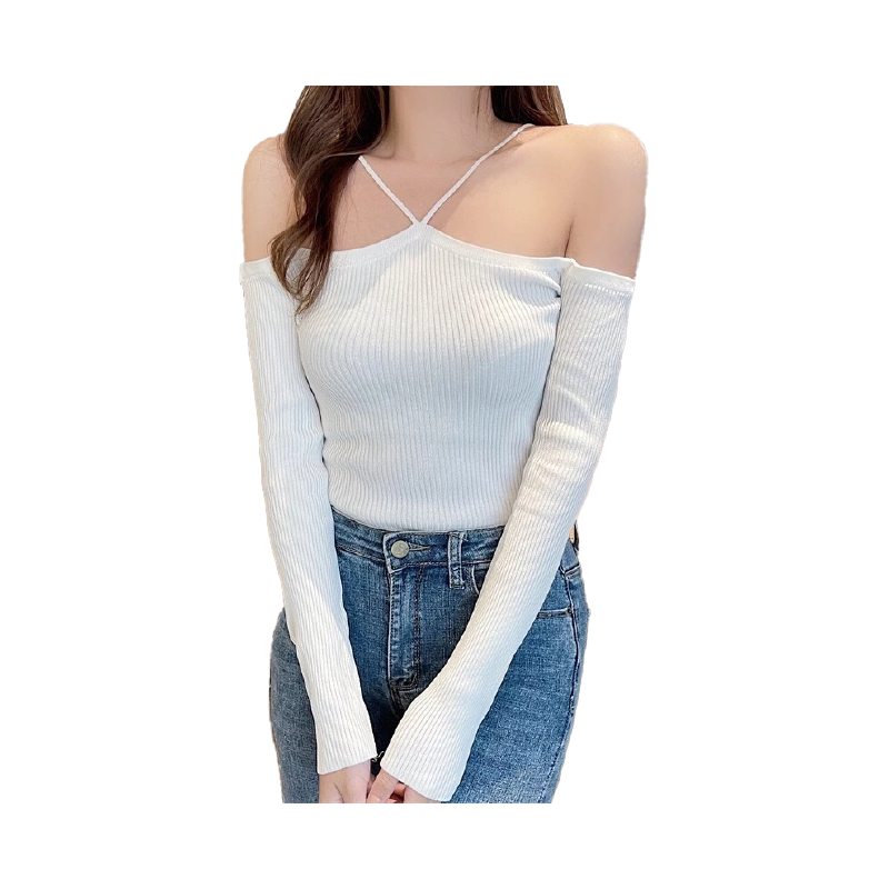 เสื้อยืดแขนยาวไหมพรม ปาดไหล่ เซ็กซี่ น่ารัก สีขาว