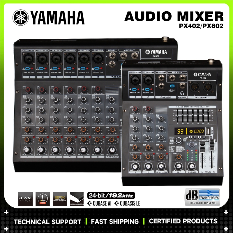 YAMAHA PX402 / PX802 เครื่องผสมพิเศษคุณภาพสูงพร้อมบลูทูธในตัวเสียงคมชัดคอนโซลผสมประสิทธิภาพสำหรับทุกโอกาส
