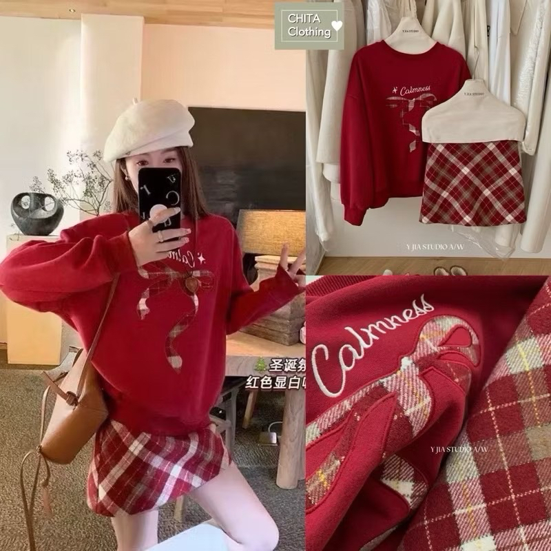 7808# Set 2 pcs เสื้อ Sweater ลายโบว์ช่วงอก + กระโปรงลายสก็อต TAG : Y.JIA STUDIO