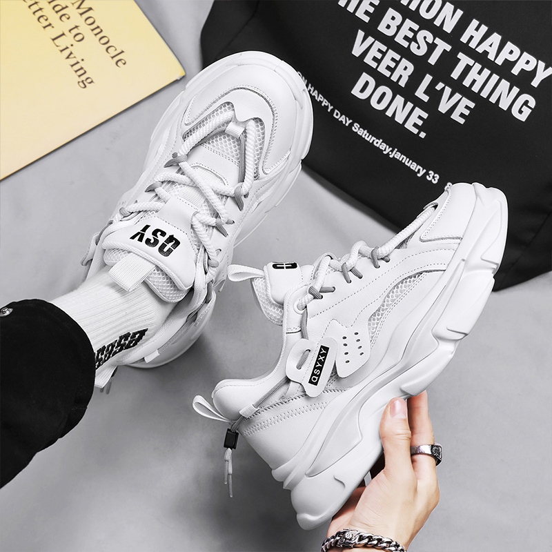 【Venous】2025 รองเท้าผ้าใบสีขาวหนาสำหรับผู้ชาย รองเท้าผ้าใบแบบเป็นกันเองสำหรับผู้ชาย รองเท้ากีฬายางสำหรับผู้ชาย