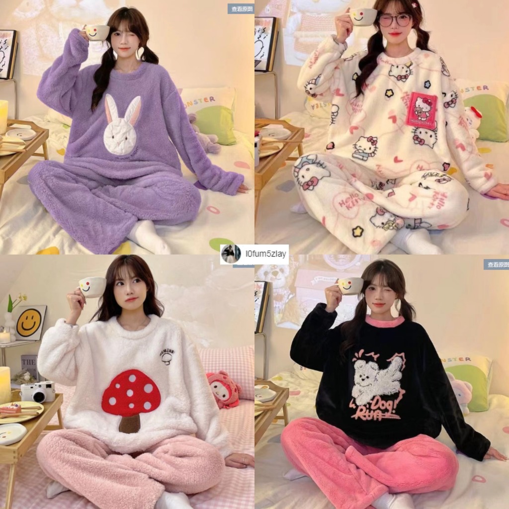 (ราคาถูกที่สุด) ชุดนอนฤดูหนาว，ผ้าสักหลาดแสนอบอุ่น，ลายการ์ตูน， ชุด 2 ชิ้น，M-2XL