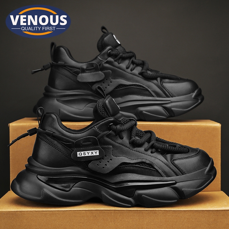 【Venous】2025 รองเท้าผู้ชายสีดำแบบหนาปี รองเท้าผ้าใบแบบเป็นกันเอง รองเท้ากีฬาผู้ชายพื้นยาง