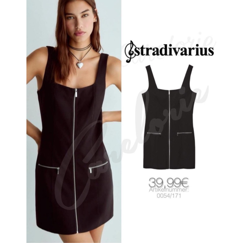 Stradivarius เพิ่งมาใหม่ล่าสุด มินิเดรสสายเดี่ยวมีซิปและกระเป๋าด้านหน้า Stradivarius Short Strappy Dress With Zip สีดำ