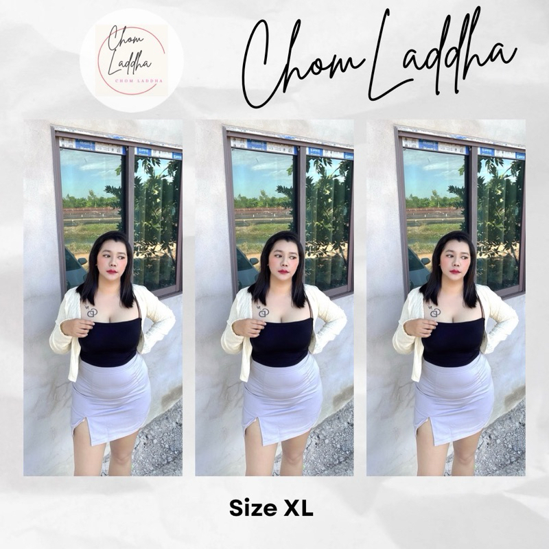 กระโปรงผ่าหน้าเอวสูง มีไซส์ [ XL ] สาวอวบ