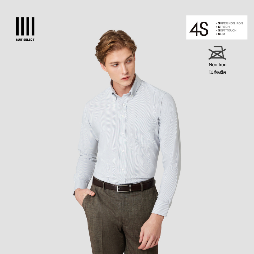 SUIT SELECT 4S Non-iron Stripe Shirt (White/Gray)  เสื้อเชิ้ตขาวลายเทา ซักเครื่องได้ ไม่ต้องรีด