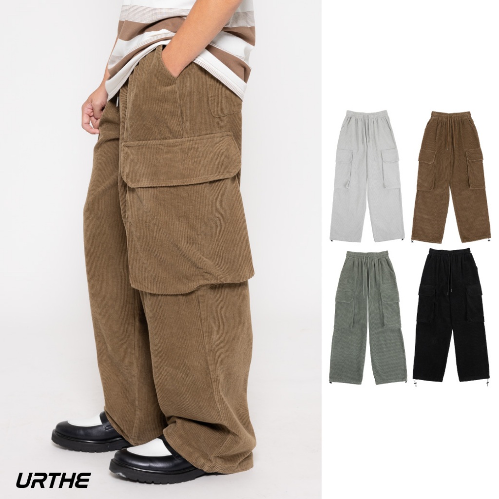 URTHE - กางเกงคาร์โก้ ขายาว เอวยืด ผ้าลูกฟูก รุ่น CORDUROY CARGO