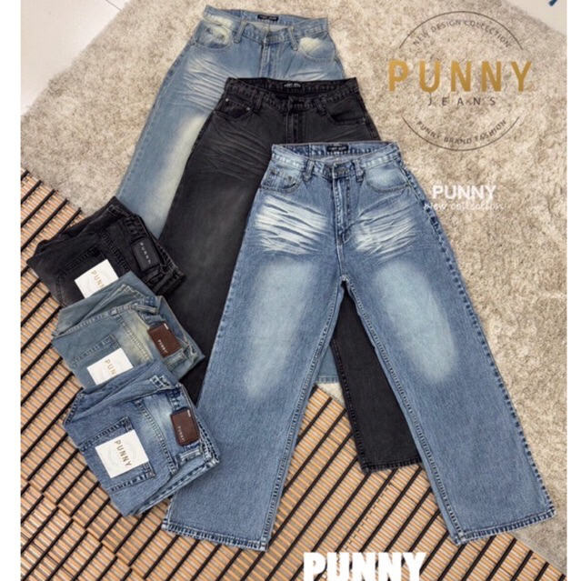 Punny jeans  กางเกงยีนส์ ทรงลิซ่า BEGGY ทรงกระบอกใหญ่ ผ้าไม่ยืด