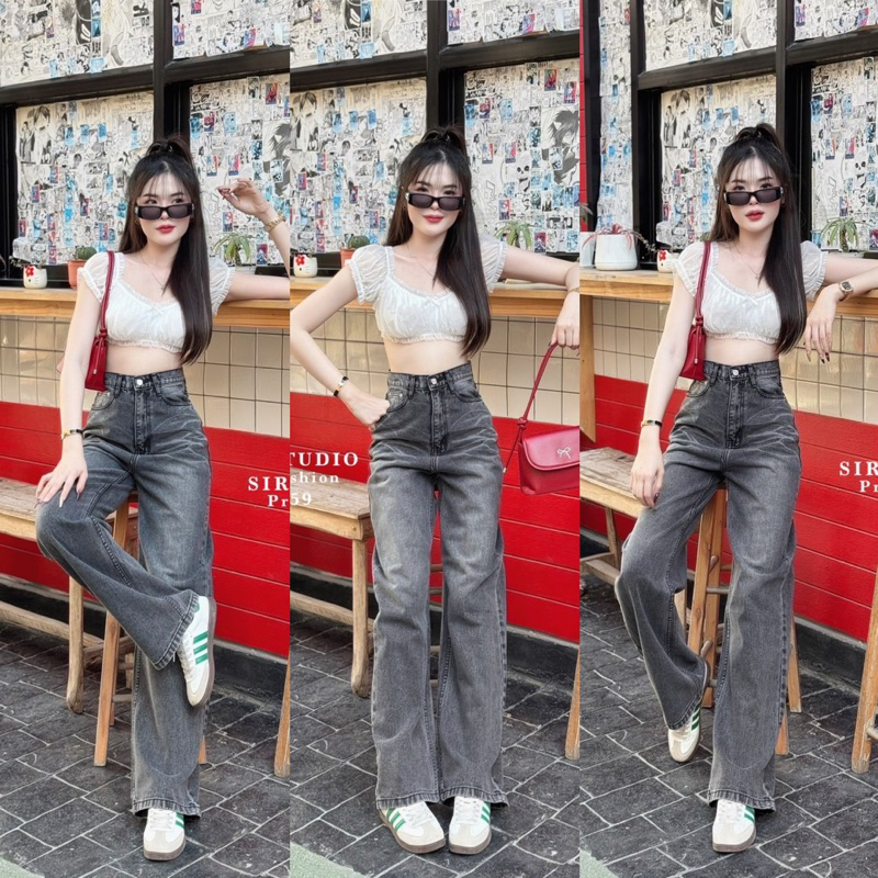 กางเกงยีนส์กระบอกใหญ่สีดำสโนว์เท่า ขัดหนวด เอวสูง ผ้าไม่ยืด ผ้านิ่มใส่สบาย