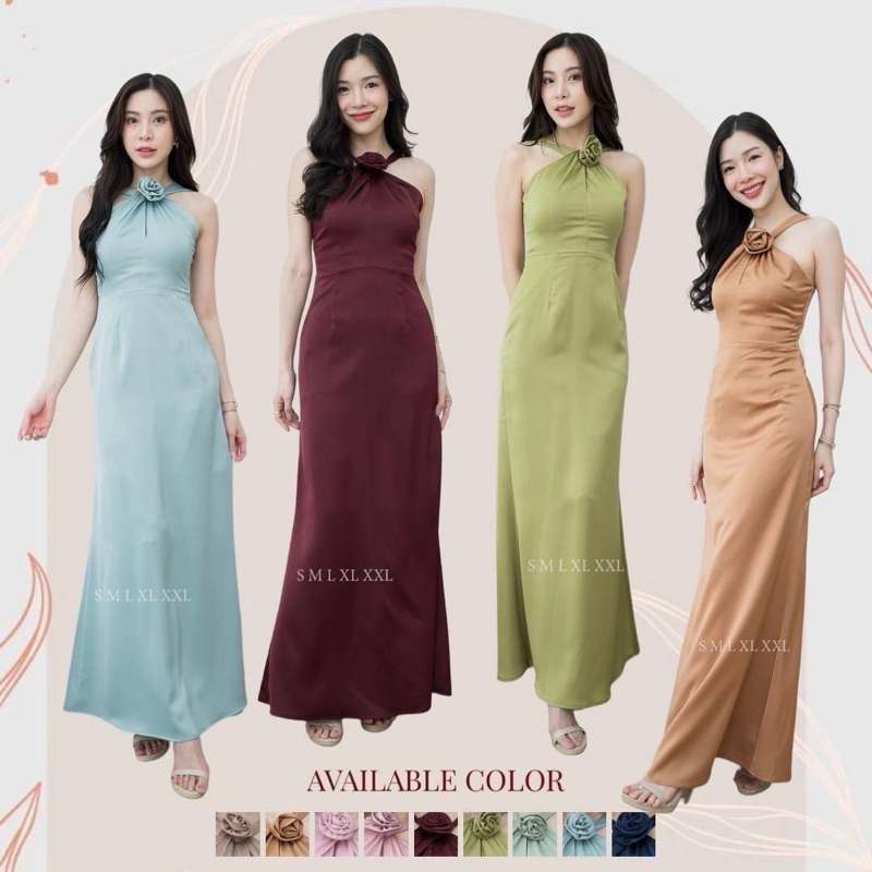 FP040 เดรสยาวผ้าเครบซาตินไม่มีฟองน้ำแถมดอกไม้เข็มกลัด 1 ดอก สายไส้ไก่ 1 เส้นผูกคอหรือผูกแขนได้โดยสาย