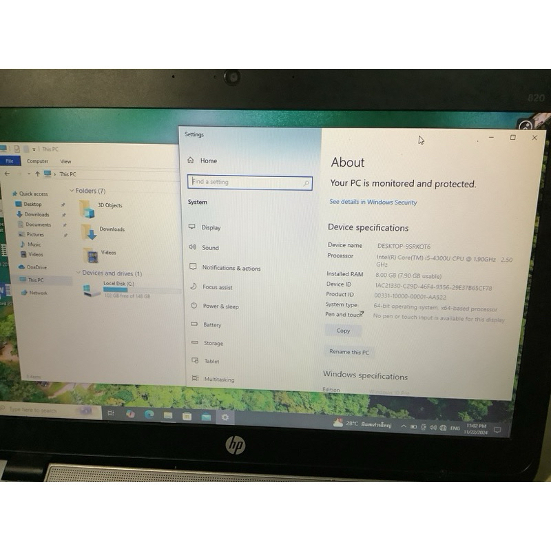 โน้ตบุ๊คมือ2 hp i5 gen4 ภายนอกมีรอย🚨 windows10 จอ12",HP Elitebook-840 G1-i5-4300U Gen 4 Cpu1.9-2.5GH