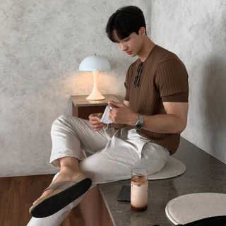 CLIFF ฤดูร้อน ผ้าไหมน้ำแข็ง ลายทาง แขนสั้น ผู้ชาย สไตล์เกาหลี เข้ารูป เสื้อยืด สีล้วน
