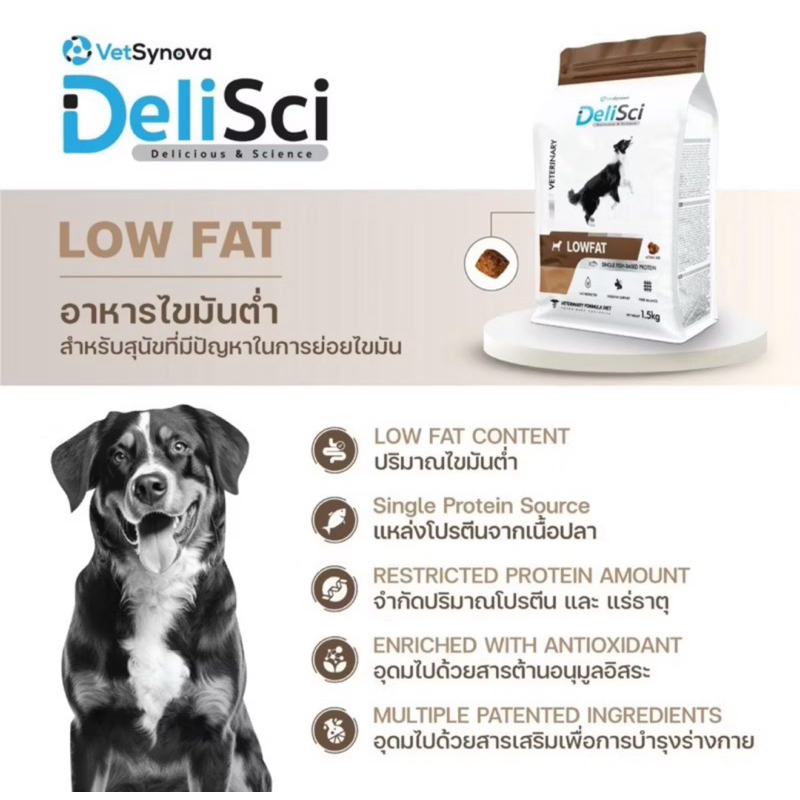 (( แถมฟรี กระเป๋า 1 ใบ  8 กก. )) Delisci Low fat exp 08/2026  อาหารจำกัดปริมาณโปรตีน และ ไขมัน