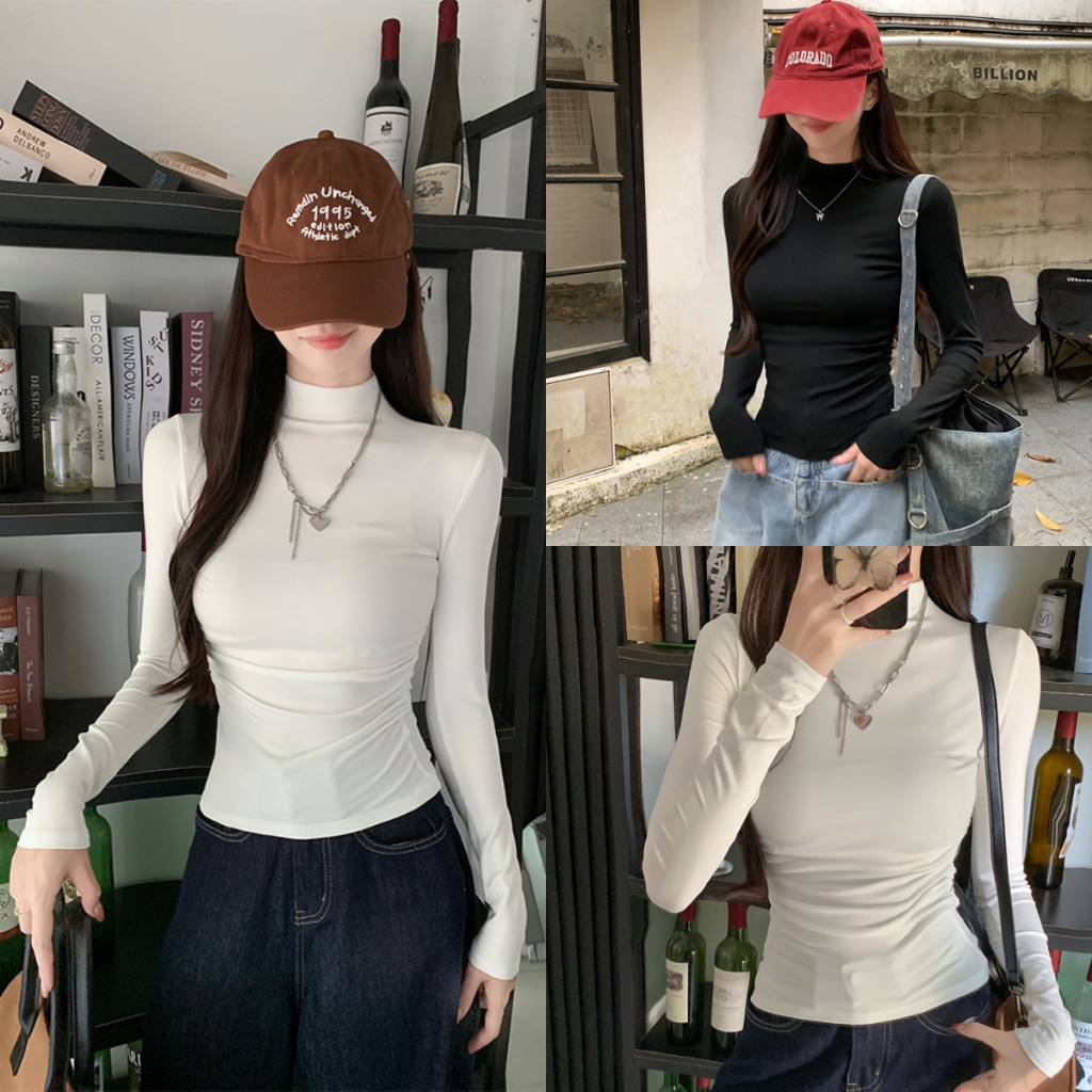 Beryl  เสื้อยืดแขนยาวคอครึ่งสูงสีล้วนเสื้อเข้ารูปใส่แล้วดูผอมเพรียวสำหรับผู้หญิง ลำลอง ผ้าเนื้อนุ่ม สบายๆ อเนกประสงค์