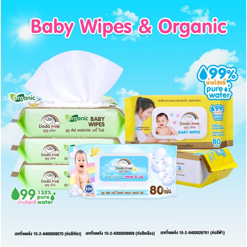 DODOLOVE Baby Wipes ผ้าเช็ดทำความสะอาดสำหรับเด็ก ออร์แกนิค ห่อใหญ่ 80 แผ่น ทิชชู่เปียก ผ้าเปียก สูตรอ่อนโยน