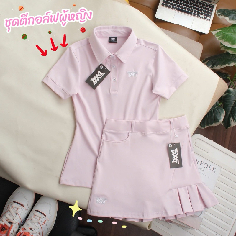 ชุดออกกำลังกายผู้หญิง ชุดตีกอล์ฟผู้หญิง เสื้อแขนสั้น+กระโปรง