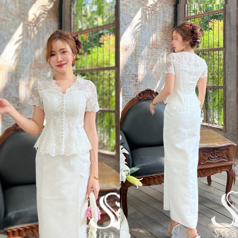✅พร้อมส่ง✅เสื้อลูกไม้สีขาว ผ้าถุง สำเร็จรูปสีขาว ชุดไทยสีขาว ชุดไทยใส่ทำบุญสีขาว