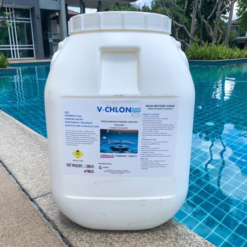 คลอรีน คลอรีนตกค้าง 90% TCCA 50KG สระว่ายน้ำบริสุทธิ์และฆ่าเชื้อแบบผง/เม็ด จัดส่งรวดเร็ว กำจัดแบคทีเรีย