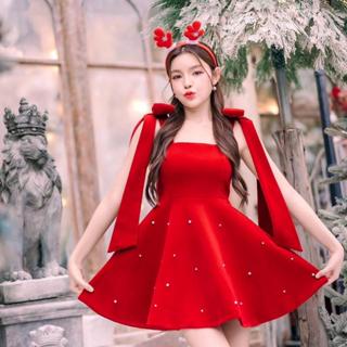 [NITTAYA] D2613 ชุดเดรสกระโปรงไหล่โบว์แต่งไข่มุกผ้ากำมะหยี่ส…