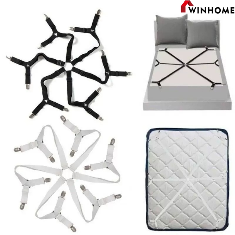 สายรัดผ้าปูที่นอน แบบปรับได้ สายรัดผ้าปูที่นอนกันลื่น 3 ทาง 6 ด้าน/สายรัดยึดผ้าปูที่นอน 12 คลิป หัวเข็มขัด คลิปผ้าปูที่น