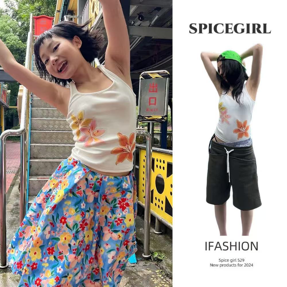 Spice Girl พร้อมส่งไทย เสื้อกล้ามสีขาว รูปทรงดอกไม้หลากสี คอกลม สไตล์เกาหลี น่ารักมาก สีสวยมาก เข้ากับทุกชุด