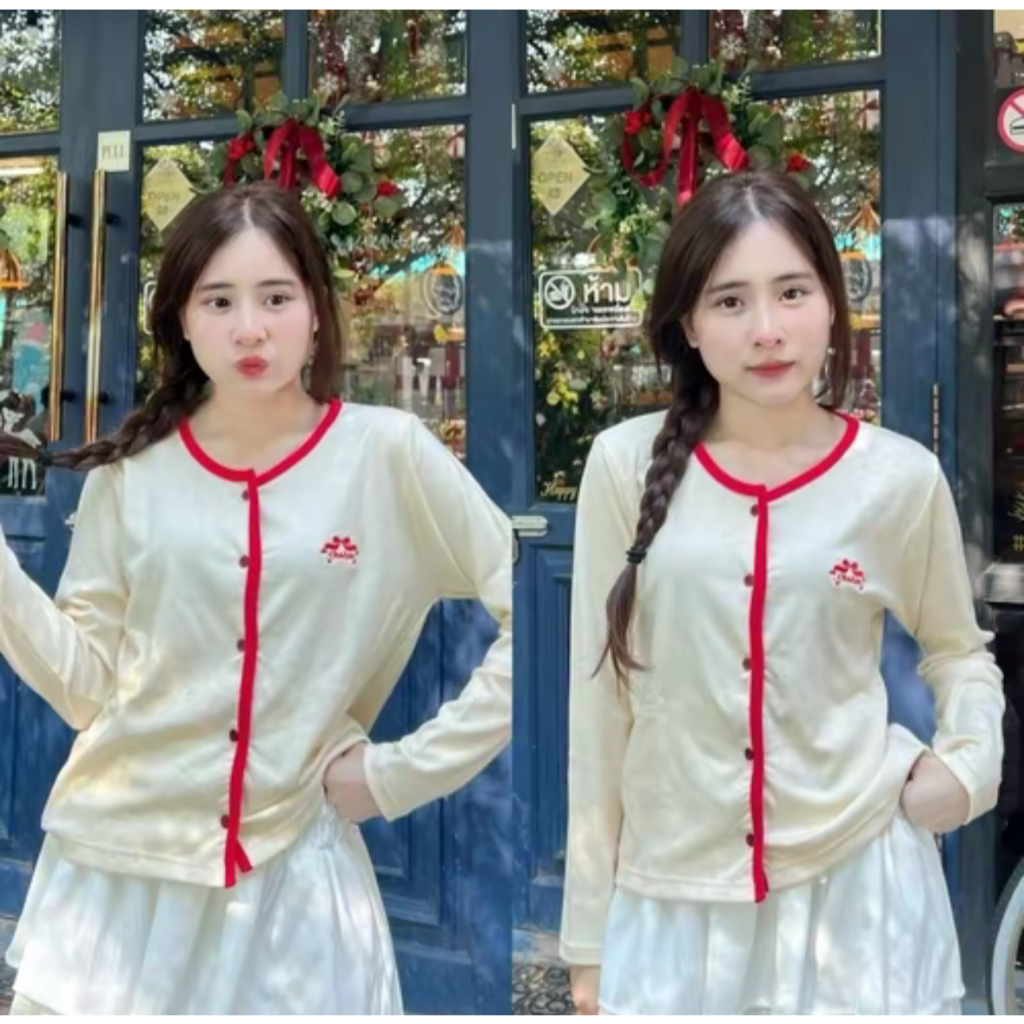 CHALYN เสื้อคาดิแกน แขนยาว รุ่น Eve (อีฟ) LM25 เสื้อคาดิแกนแขนยาวสีครีมแต่งขอบแดง ปักโบว์ Chalyn สไต