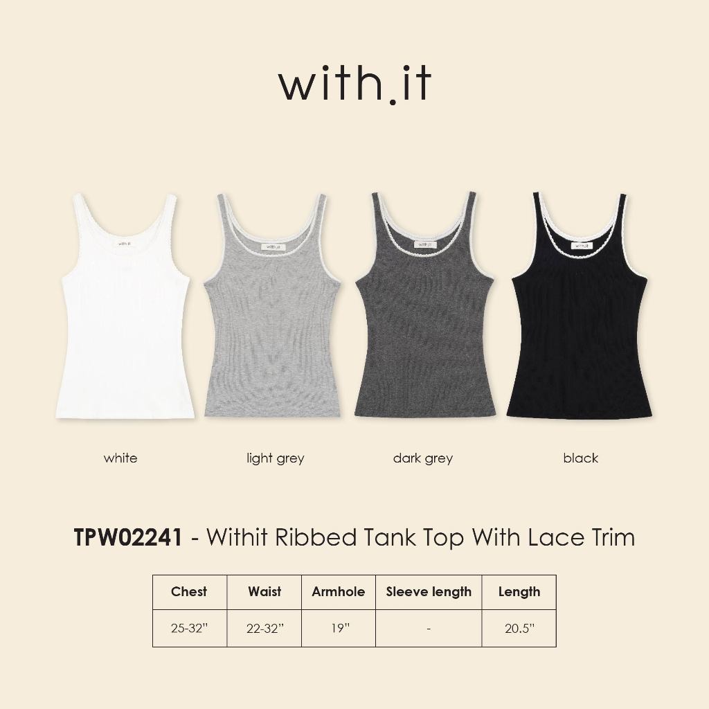 with.it.store - TPW02241 เสื้อกล้ามผ้าริบแต่งขอบลูกไม้วิทอิท
