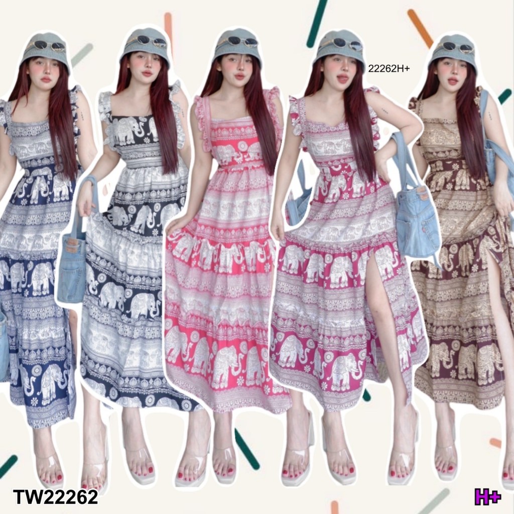 เดรสคอเหลี่ยม ระบาย 3 ชั้น ลายช้าง TT22262
