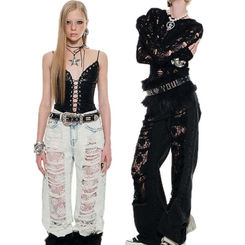 1JINN STUDIO 1JINN STUDIO Ripped Lace Jeans Women's Distressed Washed Pants กางเกงยีนส์ขากระบอกแต่งล
