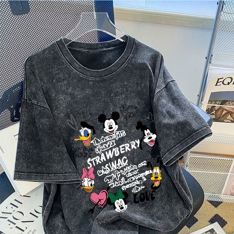 เสื้อฟอกวินเทจชายและหญิง ผ้าคอตตอน 100% oversize เสื้อผ้าแฟชั่นเกาหลี เสื้อยืดคู่กับแฟนโอเวอร์ไซส์ผู้หญิงเท่ๆ ลายการ์ตูน