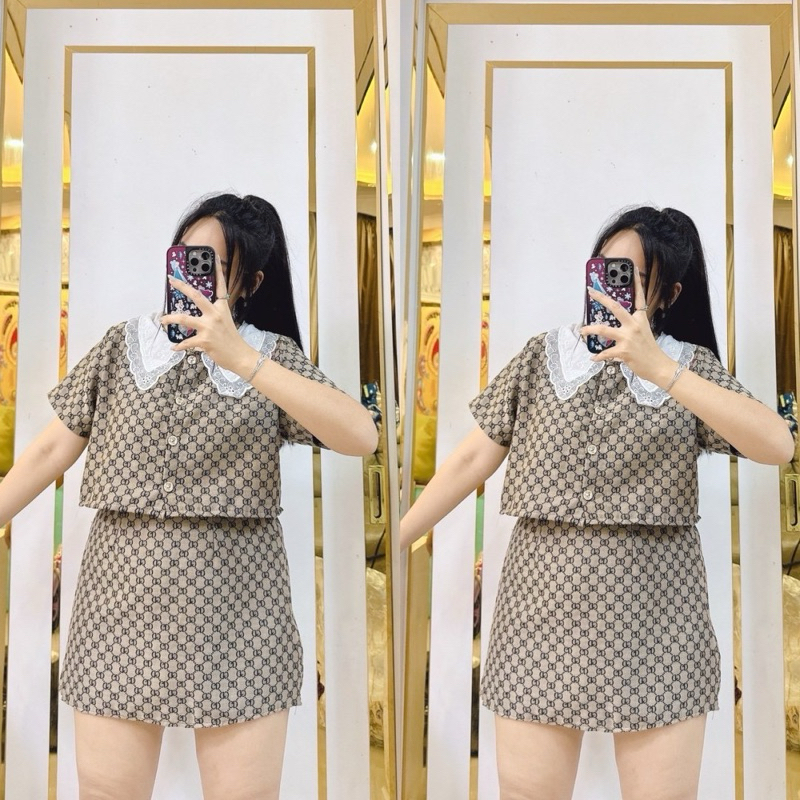 NI-S3S2🌹🎄 เซตกุดชี่คอฉลุ ผ้ายีน เสิ้อ+กระโปรง ขนาดของชุด อก46นิ้ว เอว30-44 นิ้วสะโพก50