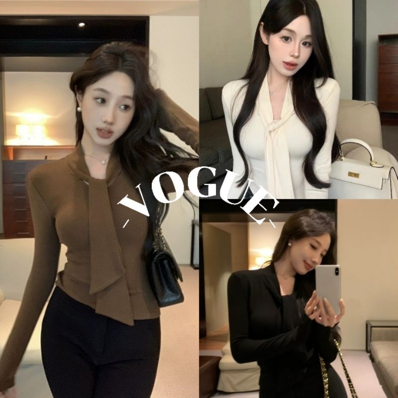 Vogue พร้อมส่ง เสื้อแขนยาว คอกลม ดีเทลผูกด้านหน้าสีพื้นใส่สบาย (FY2726)