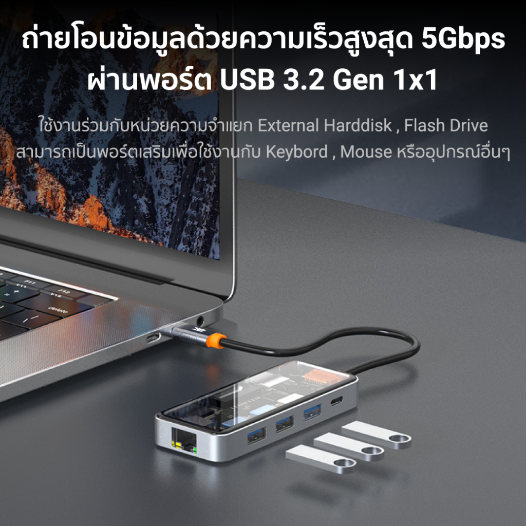 [ลดเหลือ 849] ZTEC ZH831 HUB 8 in 1 USB-C 100W ,HDMI 4K,LAN 1Gbps,USB-A USB 3.2 Gen 1x1,SD Card,Micro-SD ขนาดเล็ก -1Y