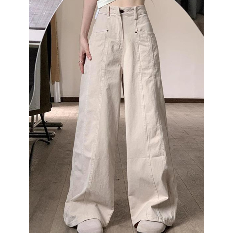 กางเกงยีนส์ทำงานแอปริคอทย้อนยุคของผู้หญิง กางเกงขาตรงทรงหลวมเอวสูงแบบใหม่ กางเกงถูพื้นขากว้าง