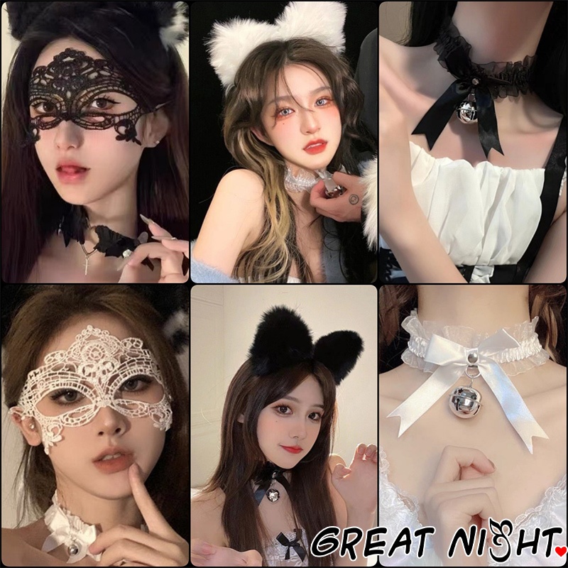 🎀Great Night🎀หน้ากากตาลูกไม้ หน้ากากปาร์ตี้ เครื่องประดับผมที่ทันสมัยที่คาดผมหูแมวปลอกคอพร้อมกระดิ่ง