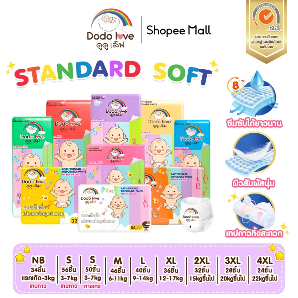 [ Specials ] แพ็คเดี่ยว DODOLOVE Standard Soft กางเกงผ้าอ้อม   Size NB-4XL นุ่ม บางเบา ใส่สบาย ผ้าอ้อม มีโลเทปม้วนทิ้ง thumbnail 9