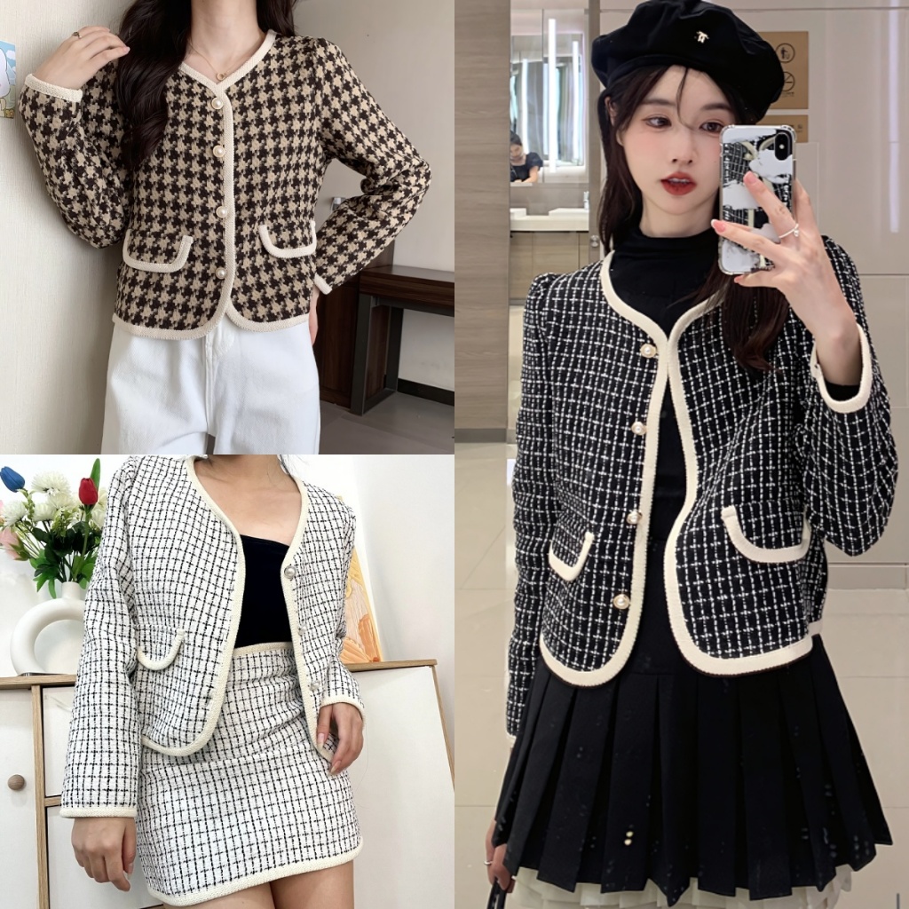 เสื้อคลุมแขนยาวไหมพรมทวิต งานถักดี ใส่สบาย แต่งกระดุมมุก สไตล์สาวเกาหลี S-5XL