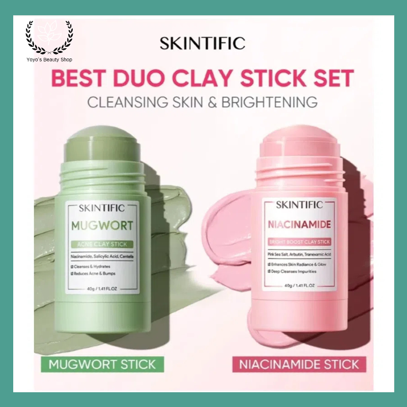 SKINTIFIC Mugwort mask+SKINTIFIC Niacinamide Bright Boost Clay Mask Stick 40g มาสก์หน้า มาร์คโคลน กระจ่างใส