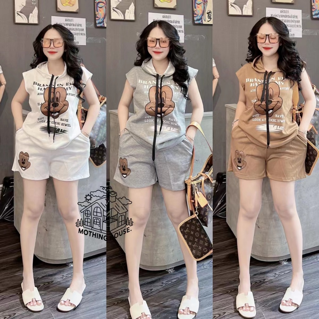 ชุด 2 ชิ้นสูทแฟชั่นสตรีเสื้อแขนกุดมีฮู้ดหลวมกางเกงขาสั้นลำลอง - รูปที่ 3