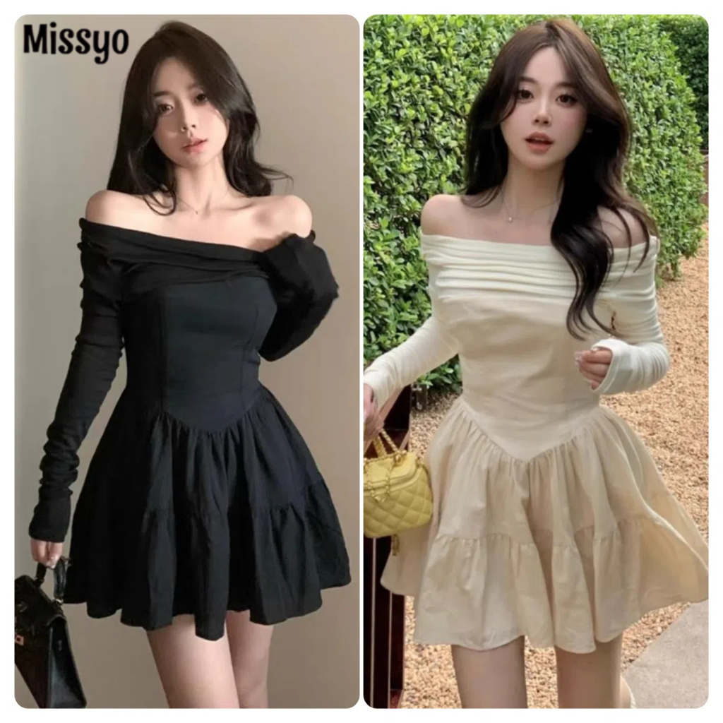 MISSYO ชุดแขนยาวไหล่คํา ปิดกระโปรงเอว สไตล์บัลเล่ต์ฝรั่งเศส ชุดสาวฮอต